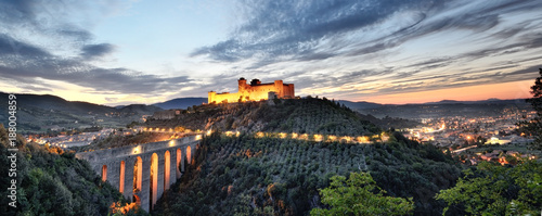 Spoleto, Umbria. The Albornoziana Fortress and the Tower's Bridge at sunset photo