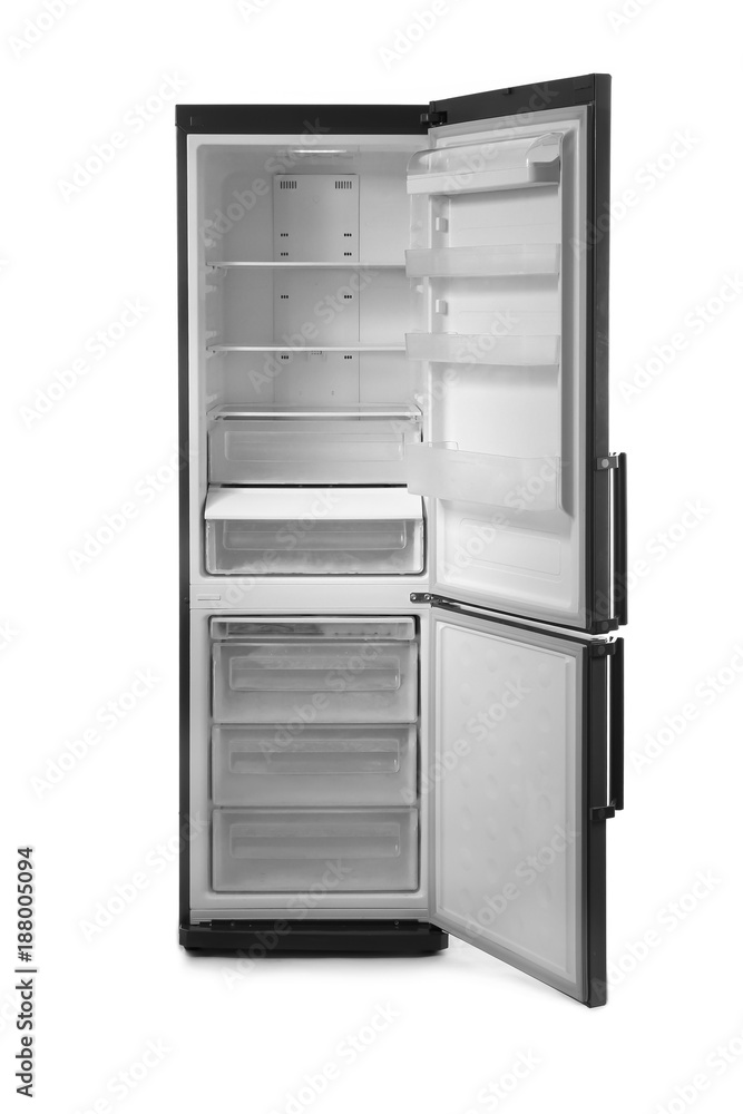 Open empty refrigerator on white background Open empty refrigerator on white background