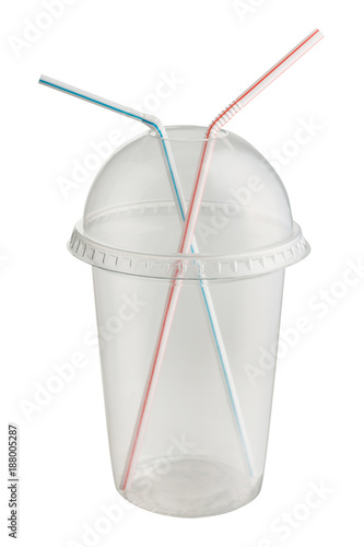 plastic cup for smoothies with two straws on white background