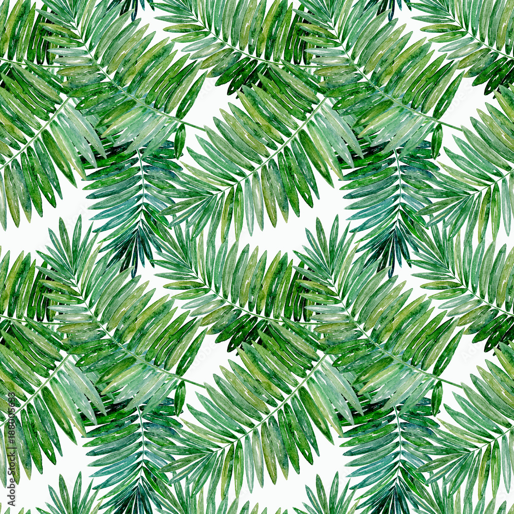 Seamless tropical pattern. Bright green palm leaves on white background. 