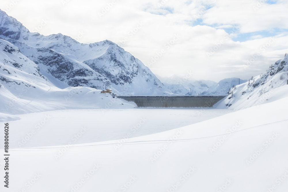 Gabiet lake dam, winter landscape. Gressoney, Italy Gabiet lake dam, winter landscape. Gressoney, Italy