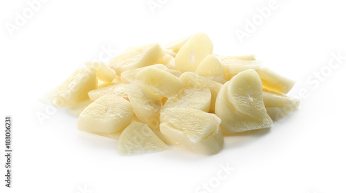 Chopped garlic on white background