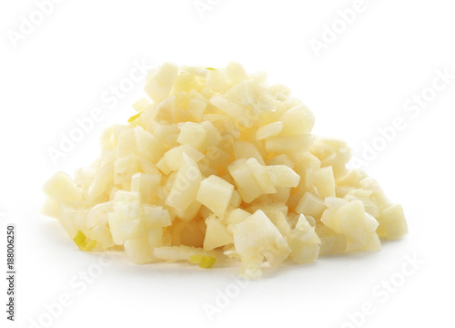 Fresh chopped garlic on white background