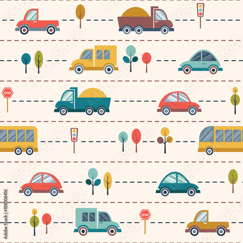 Seamless kids cartoon pattern with cars, buses, trucks