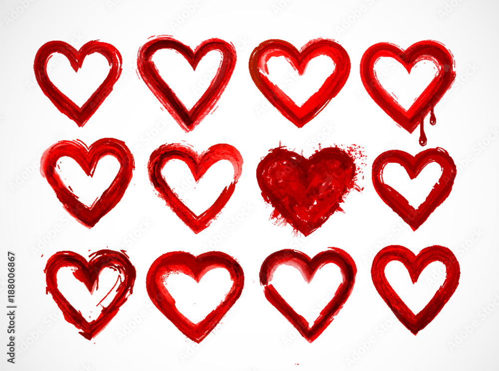 Set of red grunge hearts on white background.