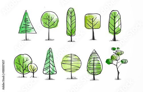 Set of green doodle sketch trees on white background