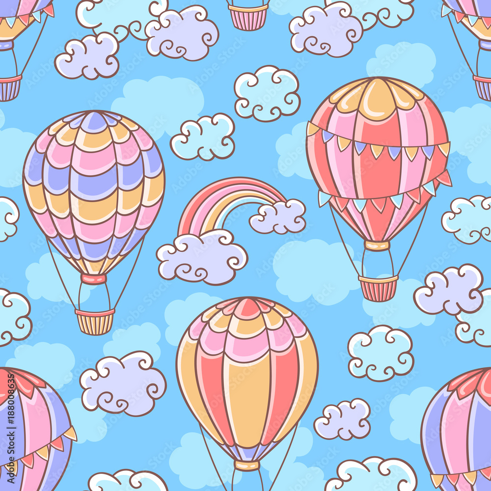 Naklejka premium Seamless pattern with hot air balloons, rainbow and clouds