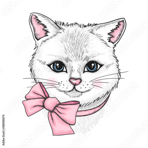 Hand drawn portrait of white cat with a pink bow