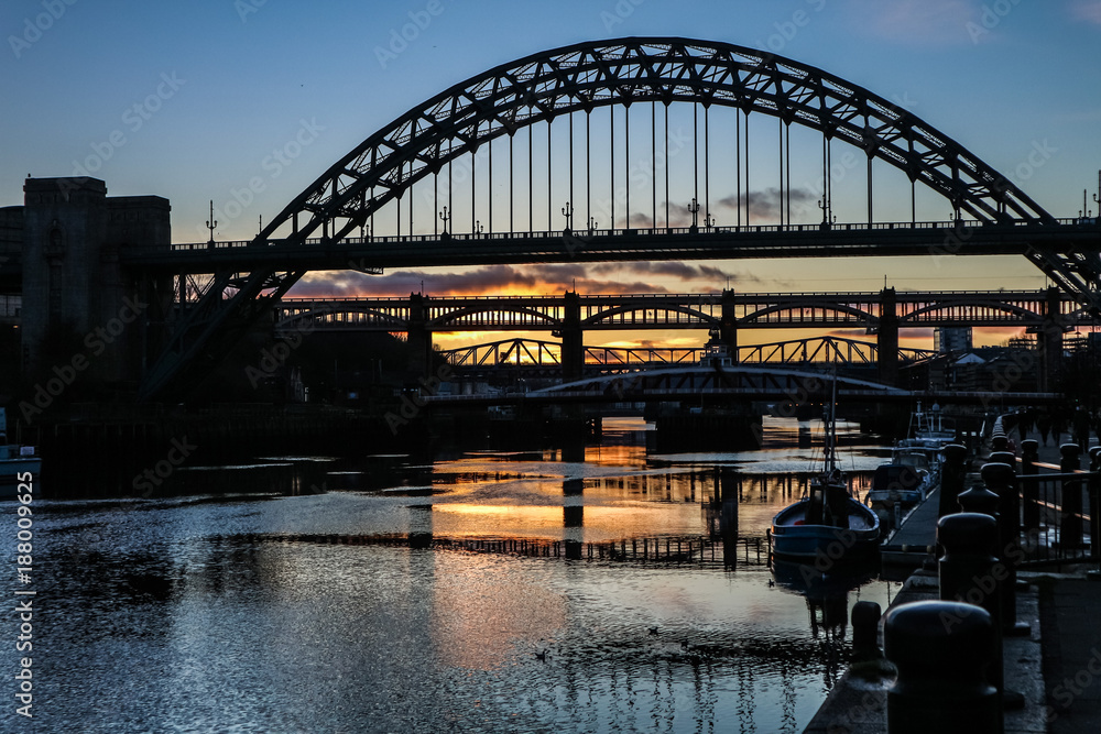 A shot of the many bridges over the river Tyne in Newcastle-upon-Tyne, England, at sunset.
