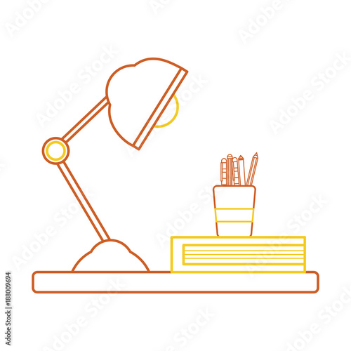 color line wood shelf with desk lamp and office utensils