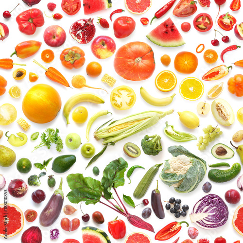 Fototapeta Naklejka Na Ścianę i Meble -  Food texture. Seamless pattern of various fresh vegetables and fruits isolated on white background, top view, flat lay. Composition of food.