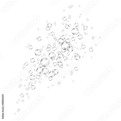 Realistic air bubbles stream on white background.