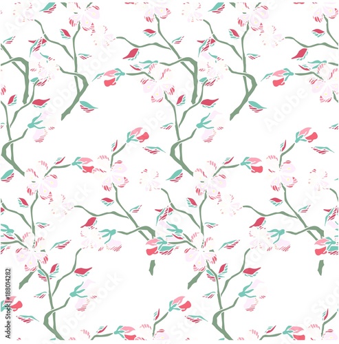 Seamless hand drawn pattern sakura blooming branch on white stock vector illustration for print, for web