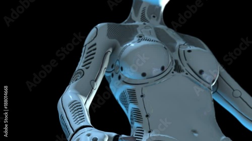 Humanoid robots, two female androids isolated on black background, 3D animation