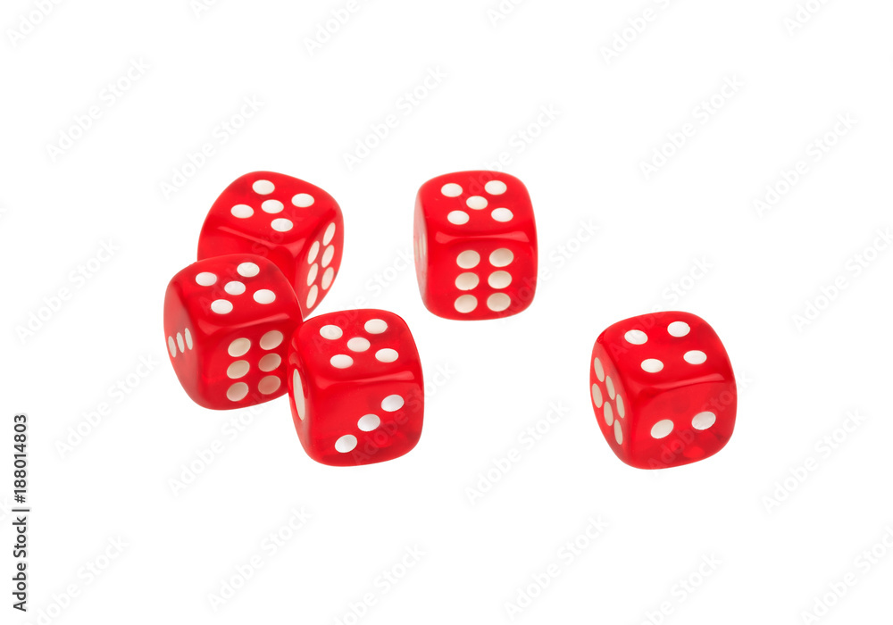 group of five red dices on white background group of five red dices on white background
