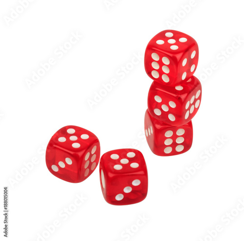 group of five red dices on white background