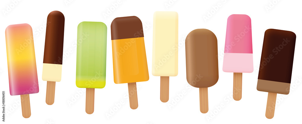 Ice lolly collection - loosely arranged set of eight tasty fruit and chocolate popsicles with different shapes and flavors - isolated vector illustration on white background Ice lolly collection - loosely arranged set of eight tasty fruit and chocolate popsicles with different shapes and flavors - isolated vector illustration on white background