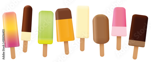 Ice lolly collection - loosely arranged set of eight tasty fruit and chocolate popsicles with different shapes and flavors - isolated vector illustration on white background