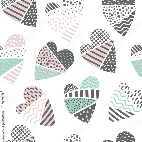 Abstract Memphis Style Seamless Pattern with Hearts. Happy Valentines Day Background for Fabric Textile Warpping Paper. Vector illustration