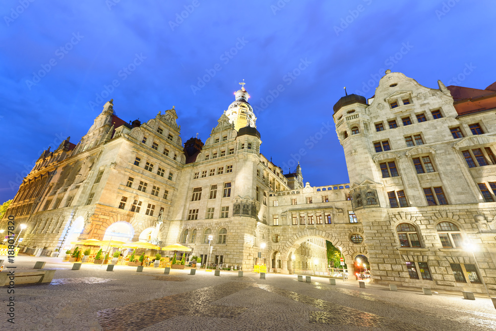 Leipzig ancient medieval buildings at night, Germany