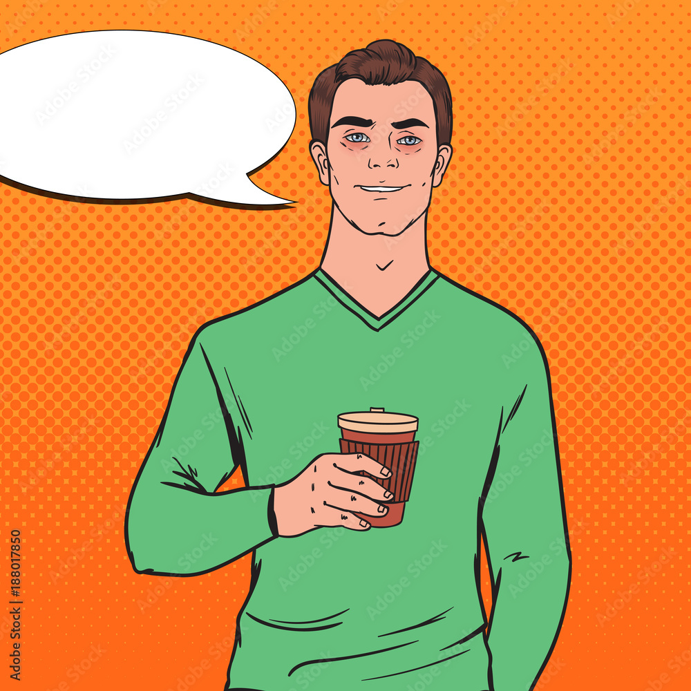 Pop Art Awaked Exhausted Man with Morning Coffee. Asleep Guy. Vector illustration Pop Art Awaked Exhausted Man with Morning Coffee. Asleep Guy. Vector illustration