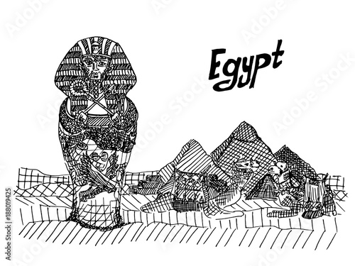 postcard with the sarcophagus of the pharaoh and the pyramids