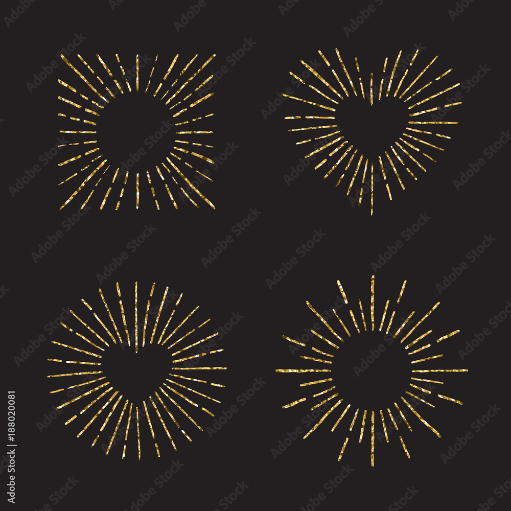 Fototapeta premium Sunburst gold glitter hand drawn vector set. Part four.