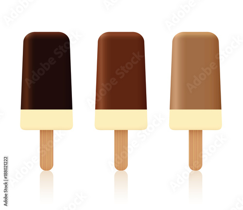 Chocolate ice cream lollys - dark, light and milk chocolate coating - set of three sweet frozen desserts with vanilla filling and different brown shell - isolated vector illustration on white.