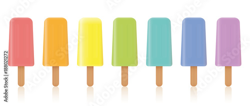 Ice lollys collection - rainbow colored fruity set of seven frozen popsicles - isolated vector illustration on white background.