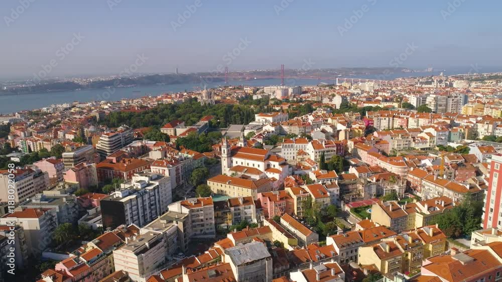 Lisbon Portugal sunny cityscape city centre view aerial panorama 4k drone summer Lisbon Portugal sunny cityscape city centre view aerial panorama 4k drone summer
