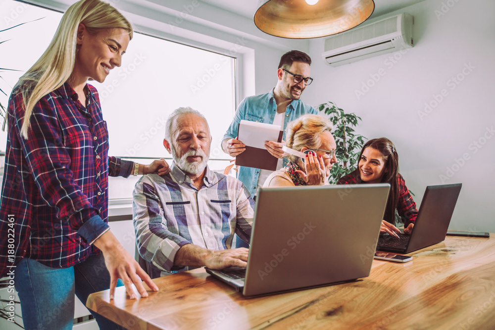 Fototapeta premium Young volunteers help senior people on the computer