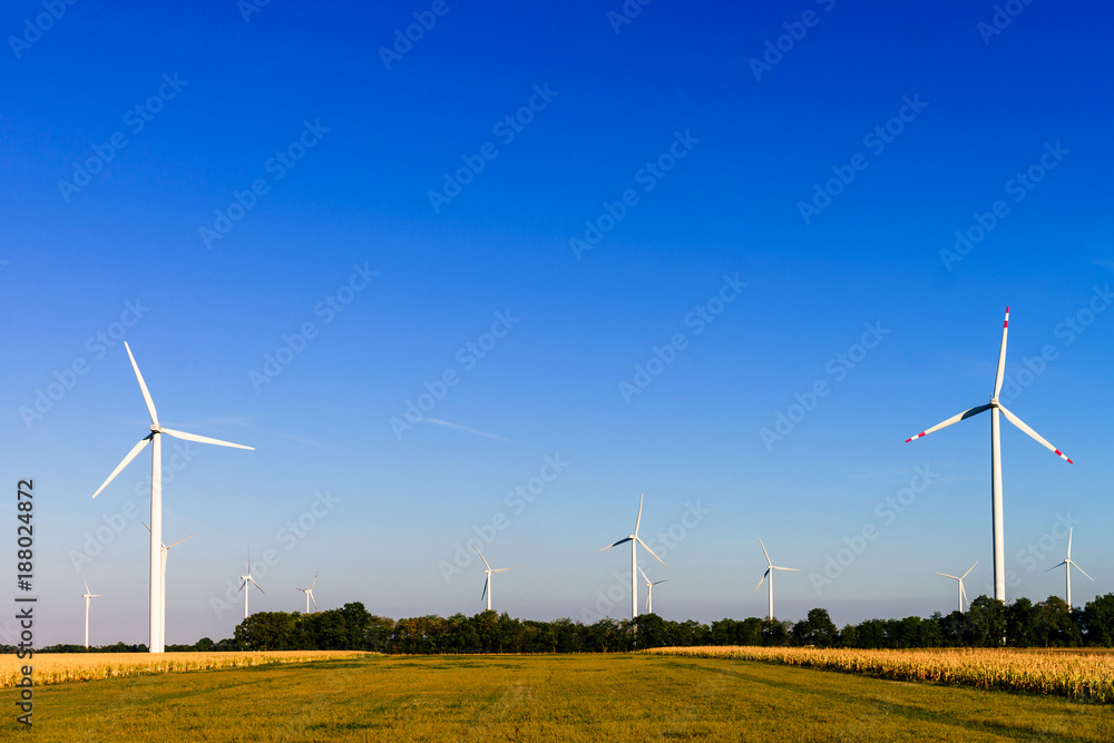 White wind power plants in a field at summer sunset light White wind power plants in a field at summer sunset light