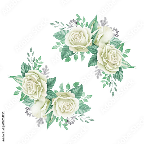 White roses bouquet. Watercolor illustration. Cute vintage style. Wedding invitation card element. Greeting card design