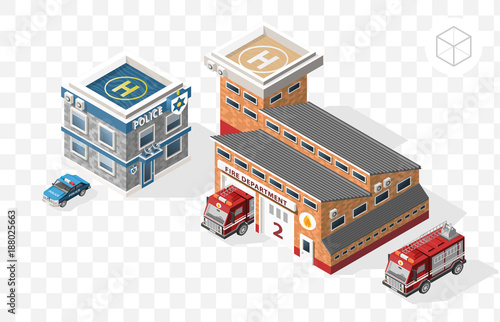 Set of Isolated High Quality Isometric City Elements . Fire Department and Police Station on Transport Background