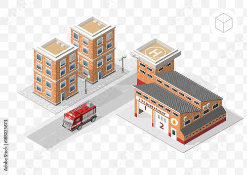 Set of Isolated High Quality Isometric City Elements on Transparent Background . Fire Station