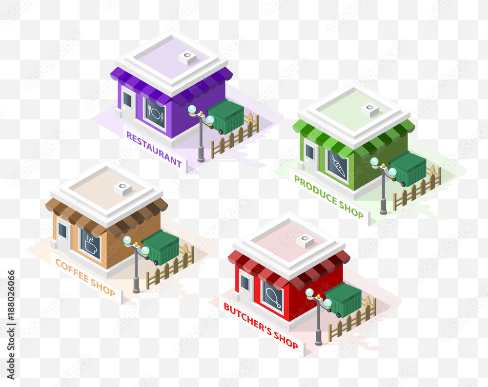 Set of Isometric High Quality City Element with 45 Degrees Shadows on Transparent Background . Restaurant , Coffee Shop , Produce Shop and Butcher's Shop Set of Isometric High Quality City Element with 45 Degrees Shadows on Transparent Background . Restaurant , Coffee Shop , Produce Shop and Butcher's Shop