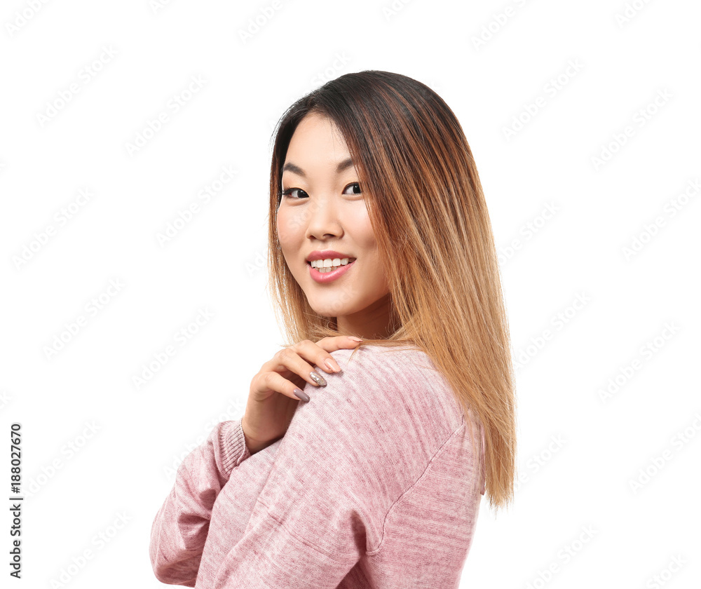 Portrait of beautiful smiling Asian woman on white background Portrait of beautiful smiling Asian woman on white background
