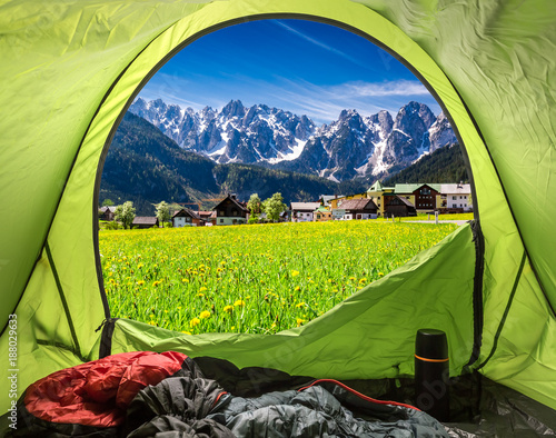 View from tent to village Gosau in Austrian Alps