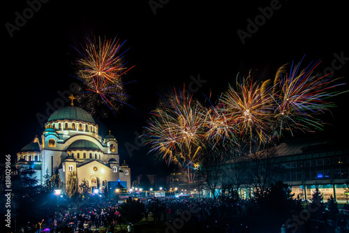 Belgrade, Serbia,Europe - January 14, 2018: Orthodox New Year's Eve celebration whit fireworks over the Church of Saint Sava at midnight in Belgrade, Serbia on January 14, 2018