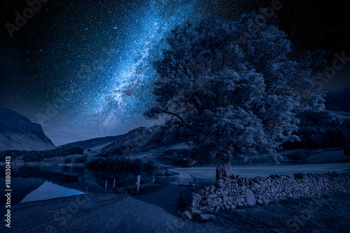 Milky way at lake in District Lake, England at night