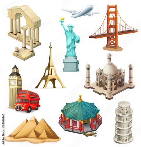 Travel, tourist attraction. 3d vector icon set