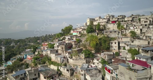 Aerial drone view of small colored houses in Port Au Prince, Haiti