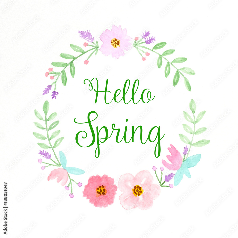 Hello spring, Flowers wreath watercolors, Hand drawing flowers in watercolor style on white paper background, banner