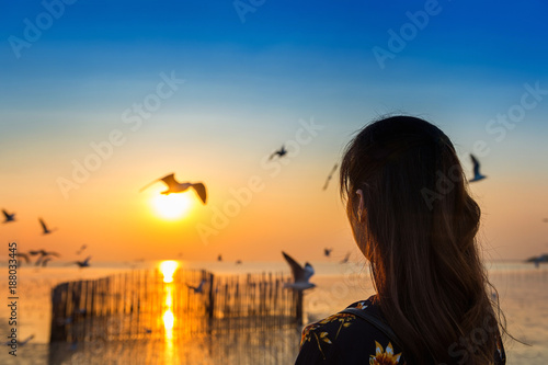 Silhoutte of birds flying and young woman at sunset.