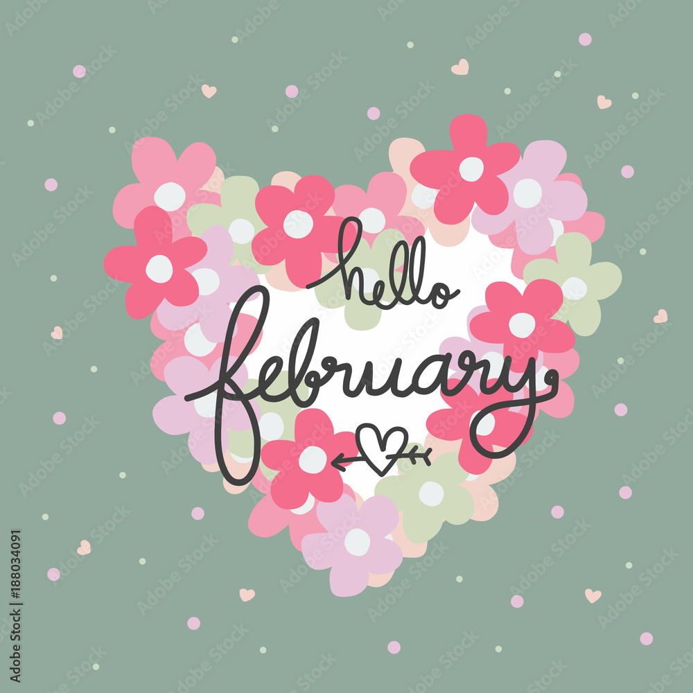 Hello February word and pink Flower heart frame cartoon vector illustration