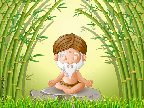 old man meditate while sitting on a big stone in forest