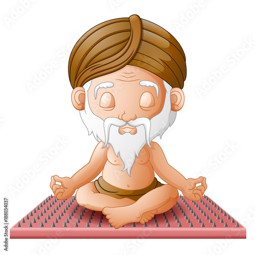 old man meditate while sitting on a board with nails in a lotus pose