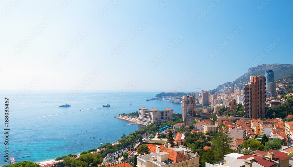 Panoramic landscape of Principality Monaco coast and Monte Carlo harbor.
