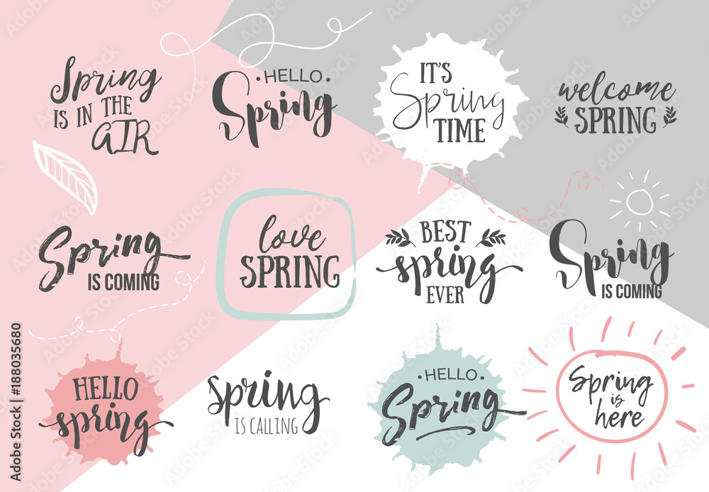 Set of Inspirational Spring romantic handwritten quotes. Good for greetings, posters, t-shirt, prints, cards, banners.  Vector Lettering. Typographic element for your design