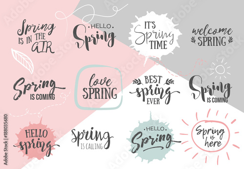 Set of Inspirational Spring romantic handwritten quotes. Good for greetings, posters, t-shirt, prints, cards, banners. Vector Lettering. Typographic element for your design